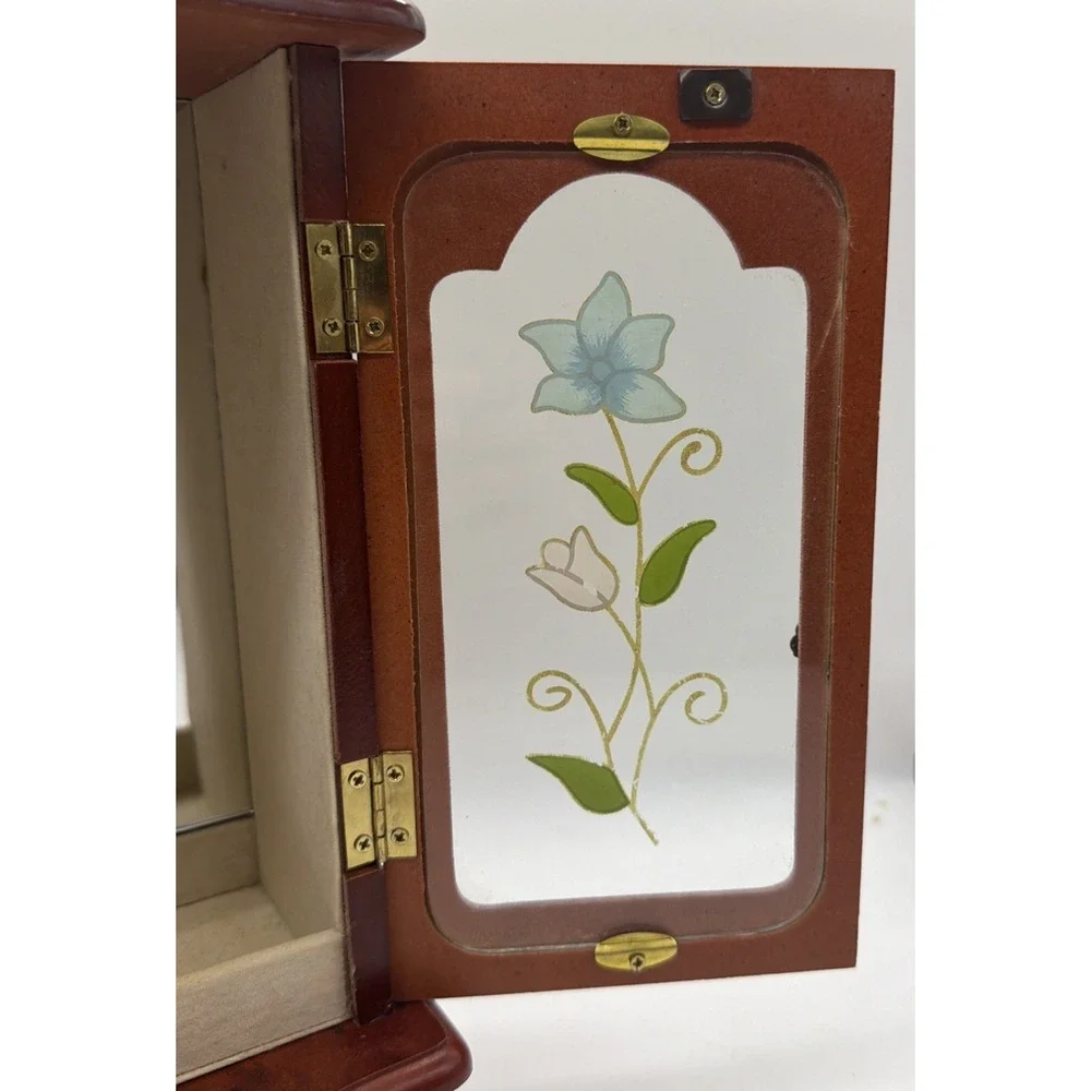 Powell Vintage Wood Upright Jewelry Box Armoire Glass Floral Door Rotating Brown